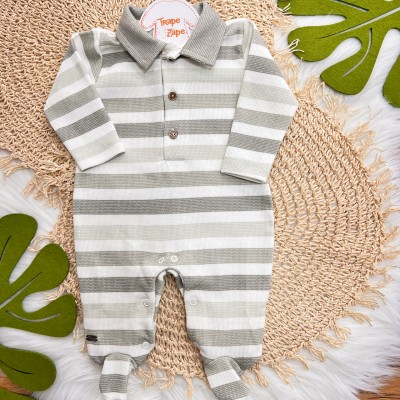  Macacão Tricotil (Tricot 100% Algodão) com Gola e Estampa Digital - Verde com Listras